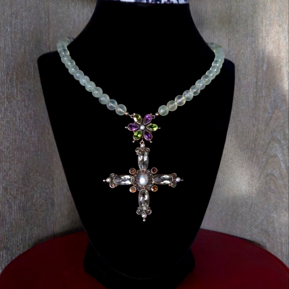 Nicky Butler 925 Sterling Silver Prasiolite Bead Cross Necklace Designer Vintage